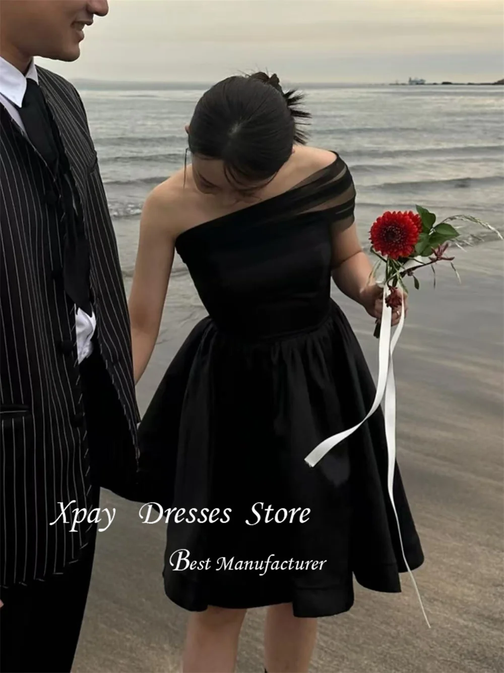 

XPAY простое черное мини-платье для свадебной вечеринки без бретелек съемная шаль атласное корейское короткое платье для выпускного вечера по индивидуальному заказу
