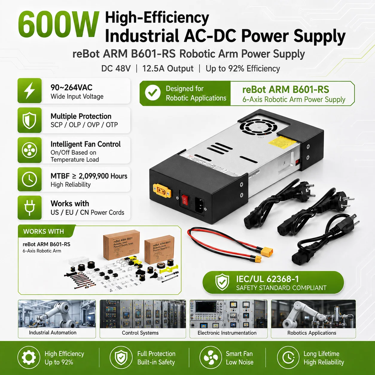 Power Adapter Kit for reBot Arm B601-RS, 600W 48V Switching Power Supply with Smart Fan, 90-264VAC, Universal Cords