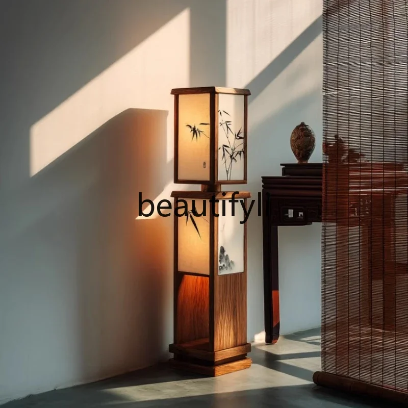 

Aesthetic vertical painted bamboo leaf solid wood floor lamp living room tea room sofa