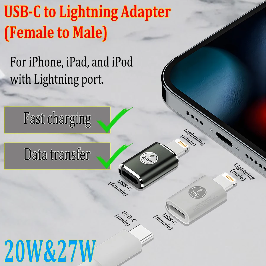 USB Type-C PD 20/27W Charging Data Connector for iPhone, iPad, iPod, USB-C to Lightning Adapter, Female to Male, Multiple Styles
