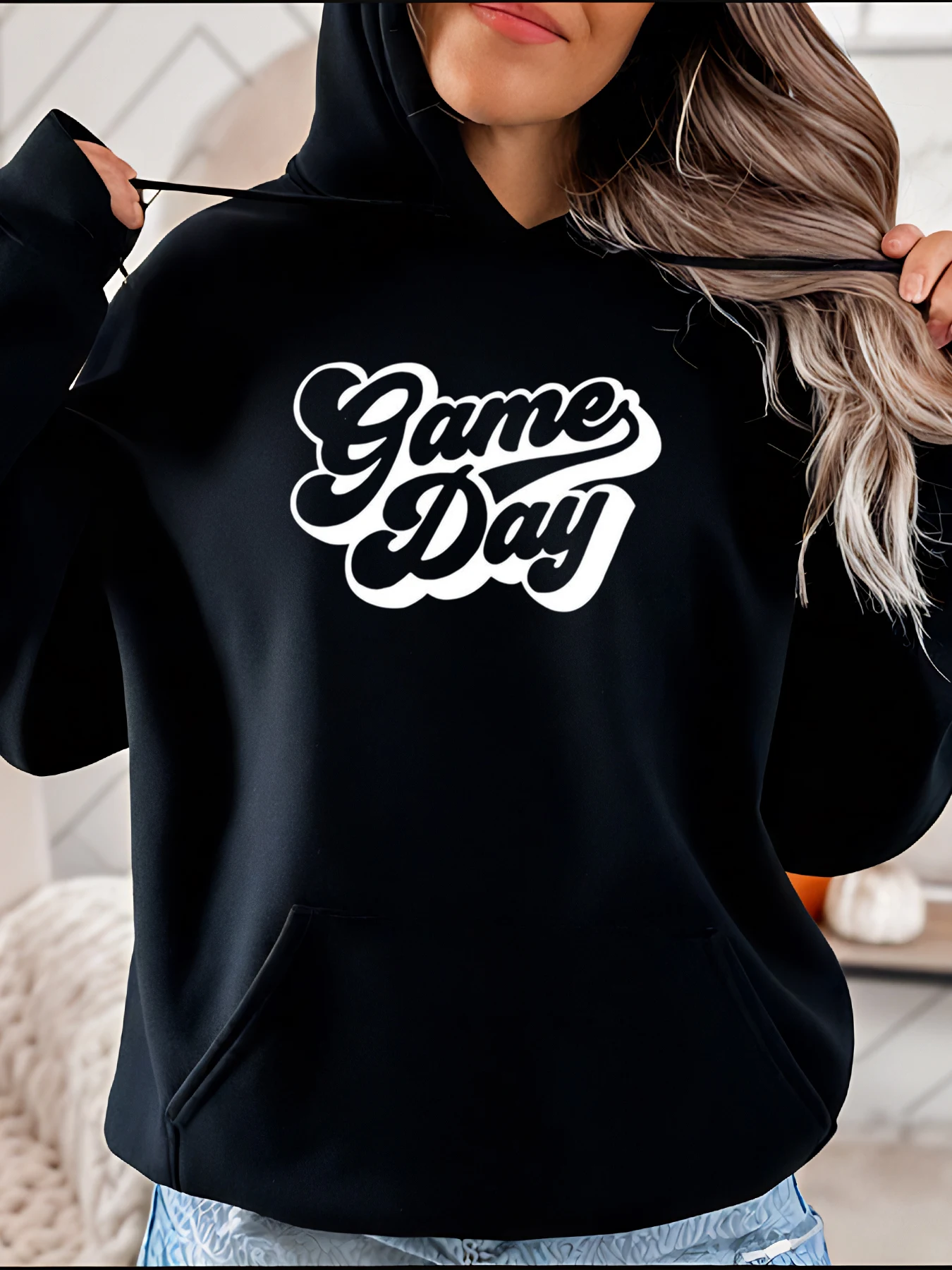 

Толстовка с капюшоном Game Day, черно-белый повседневный свитшот с принтом, женский спортивный стиль 280