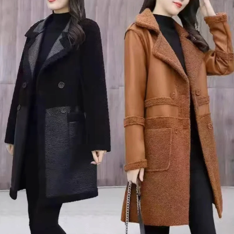 Women Thicken Warm Two Sided Wear Patchwork PU Leather Jacket Female Long Outerwear Autumn Winter Faux Leather Coat