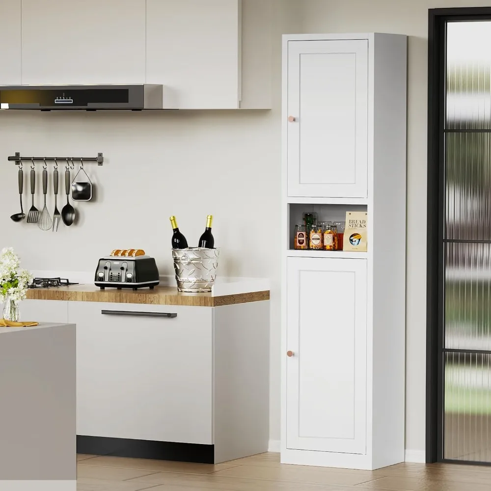 

67" H Tall Narrow Storage Cabinet, White Metal Bathroom Storage Cabinet with Reversible Doors & Adjustable, Customized