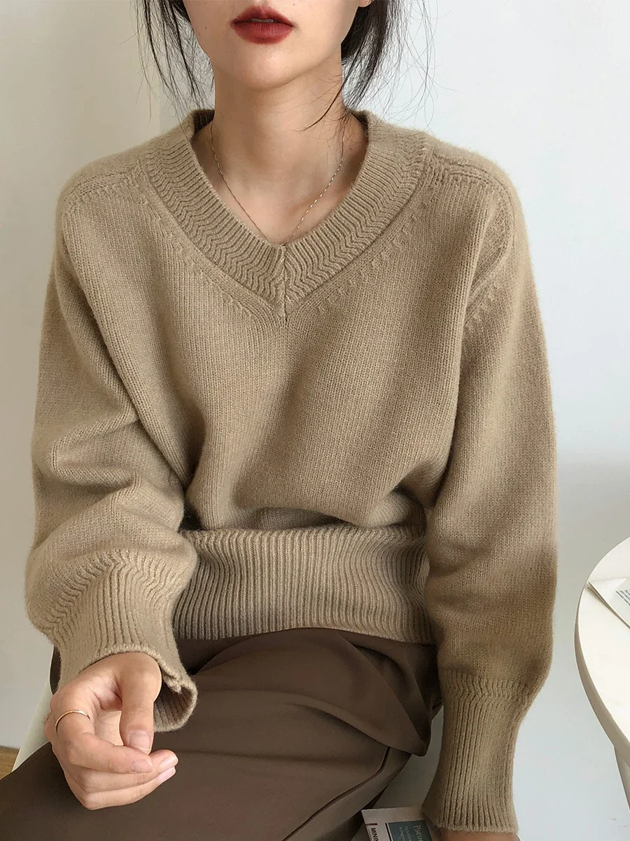 Knit V-neck Sweater Women 2026 Autumn Winter Loose Long Sleeve Top Korean Fashion Solid Color Casual Pullover Sweater Female