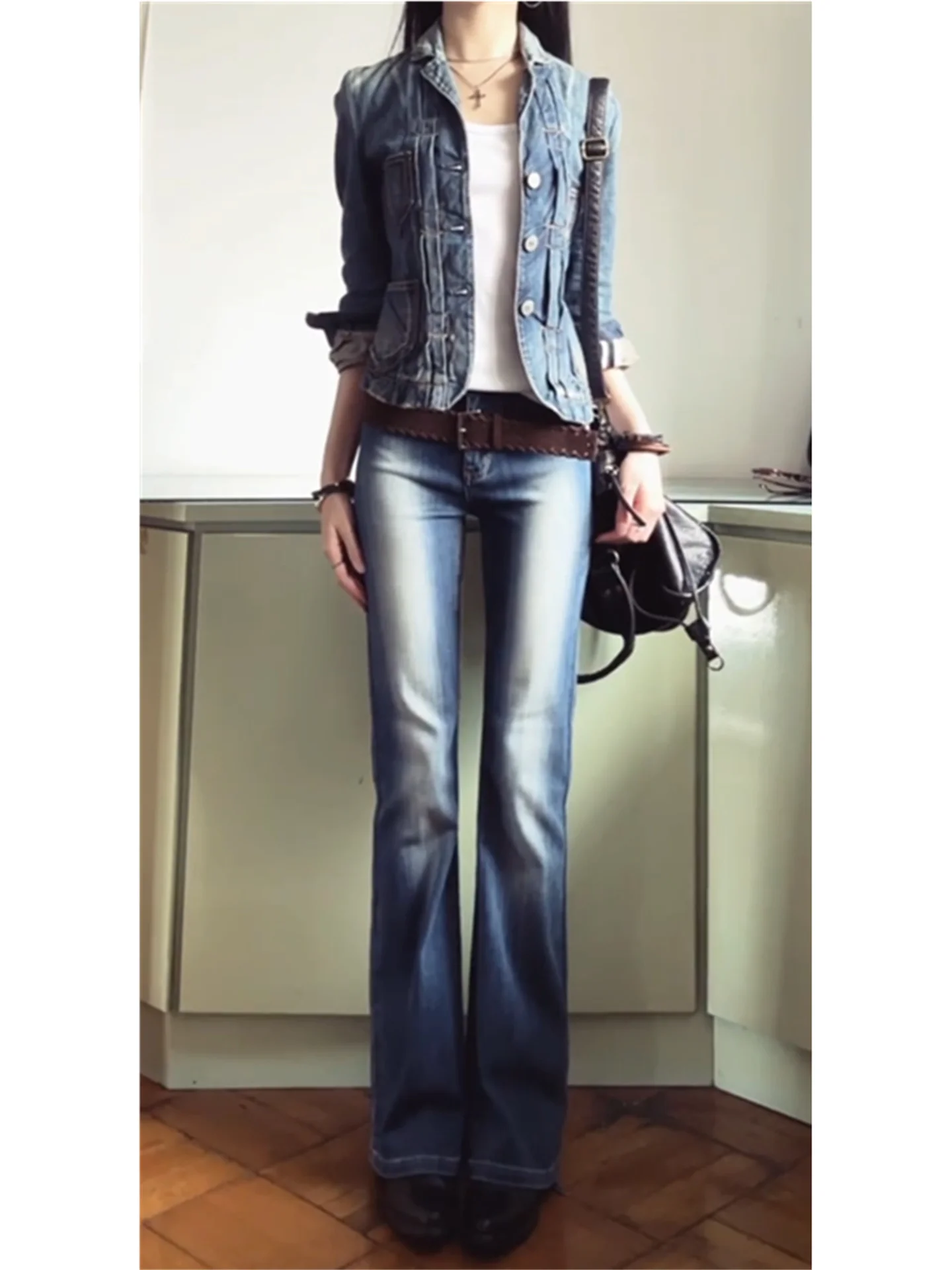 

American Vintage Mid-Low Waist Bell Bottom Jeans Women's Deep Blue Slimming Design Casual Spring Floor-Length Pants