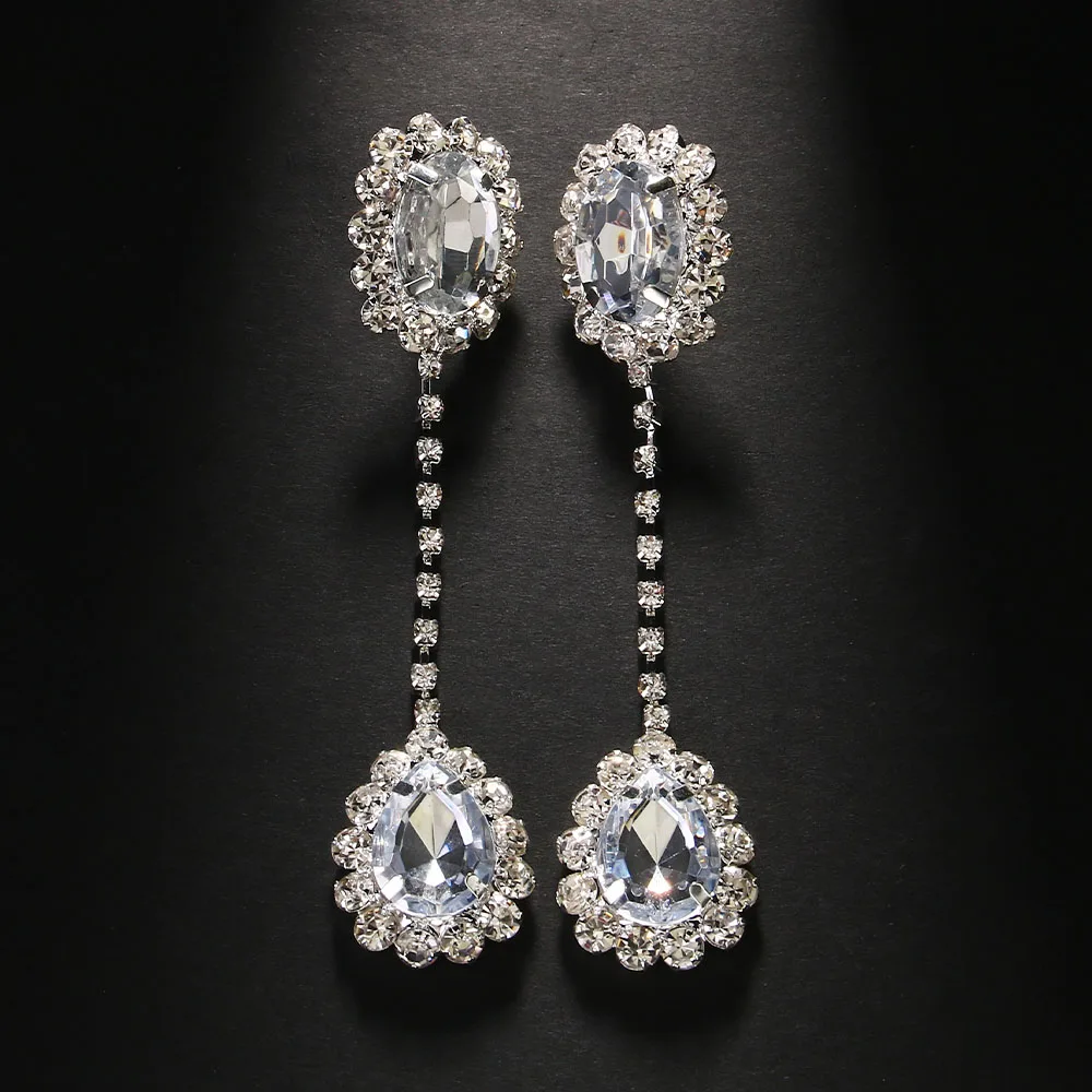 Fashion Shiny Rhinestone Long Oval Earrings for Women Luxurious Water Drop Pendant Earrings Claw Chain Jewelry Party Gifts