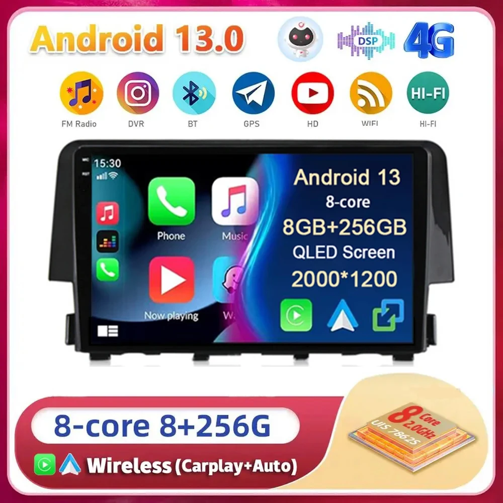 

Android13 Carplay Auto For Honda Civic 2016 2017 2018 2019 2020 2021 Multimedia Car Radio Player WIFi+4G DSP GPS 2DIN 360 Camera