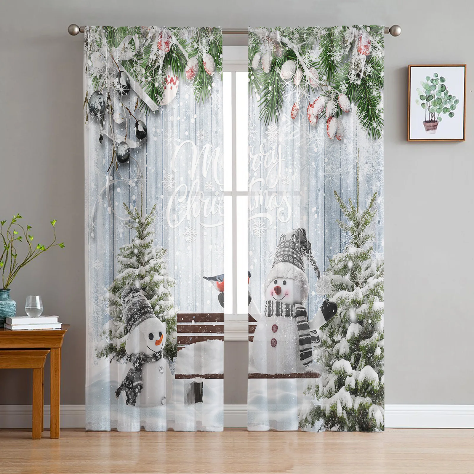 Christmas Christmas Tree Bells Village Snowing Tulle Sheer Window Curtains for Living Room Bedroom Decor Voile Curtains Drapes