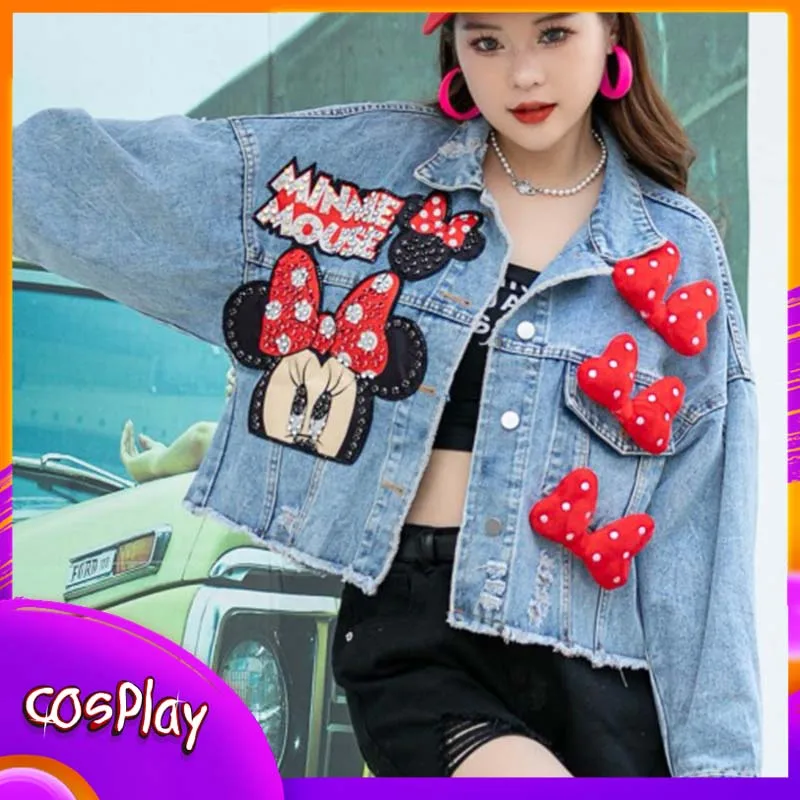

Джинсовое пальто с Минни Диснея, модное джинсовое пальто с мультяшным бисером, повседневный модный топ, милая уличная женская одежда, кавайная одежда, подарок