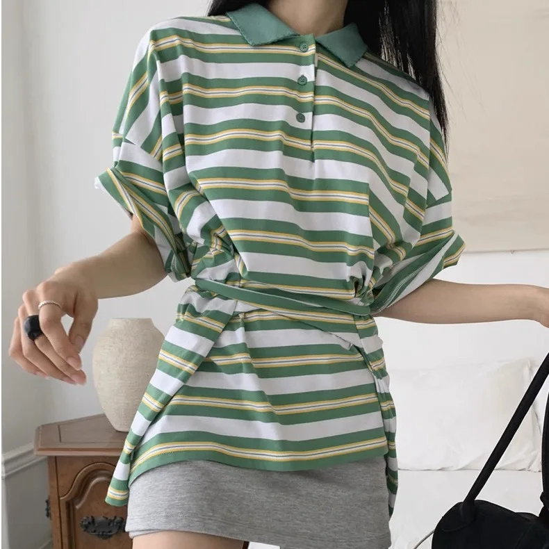 Casual Style Striped Tie-Detail Short Sleeve T-Shirt Stand Collar Summer New Fashion Basic Women's Top Casual Style T-Shirt