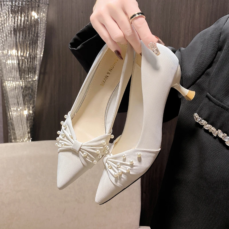 New Fashion Shallow Mouth Pearl High Heels Feminine Bridal Wedding Shoes Pointed Toe High Heels Female Womens Shoes White Heels