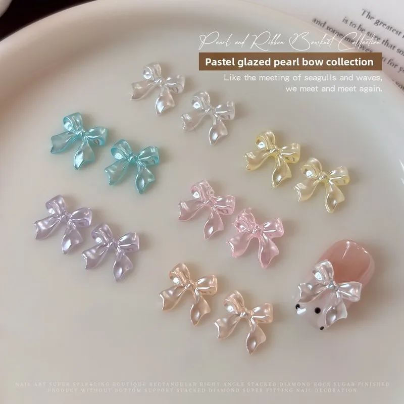 50pcs Satin Ribbon Bow Nail Charms 3D Pearlescent Bowknot Resin Nail Decorations DIY Handmade Nail Art Accessories For Manicure