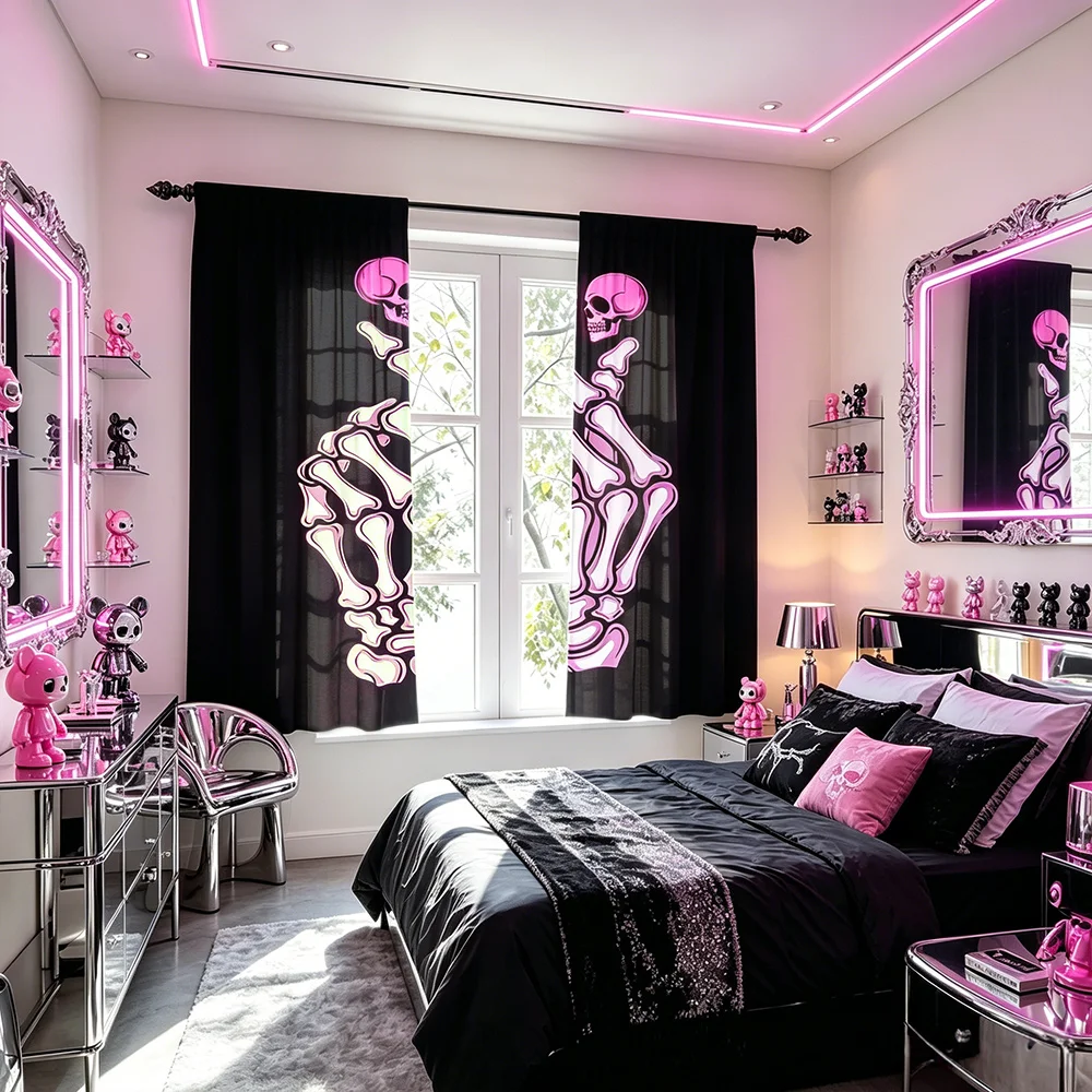 2PCS Pink Skull Hand Print Black Curtains, Gothic Y2K Window Drapes for Bedroom Living Room Home Decor
