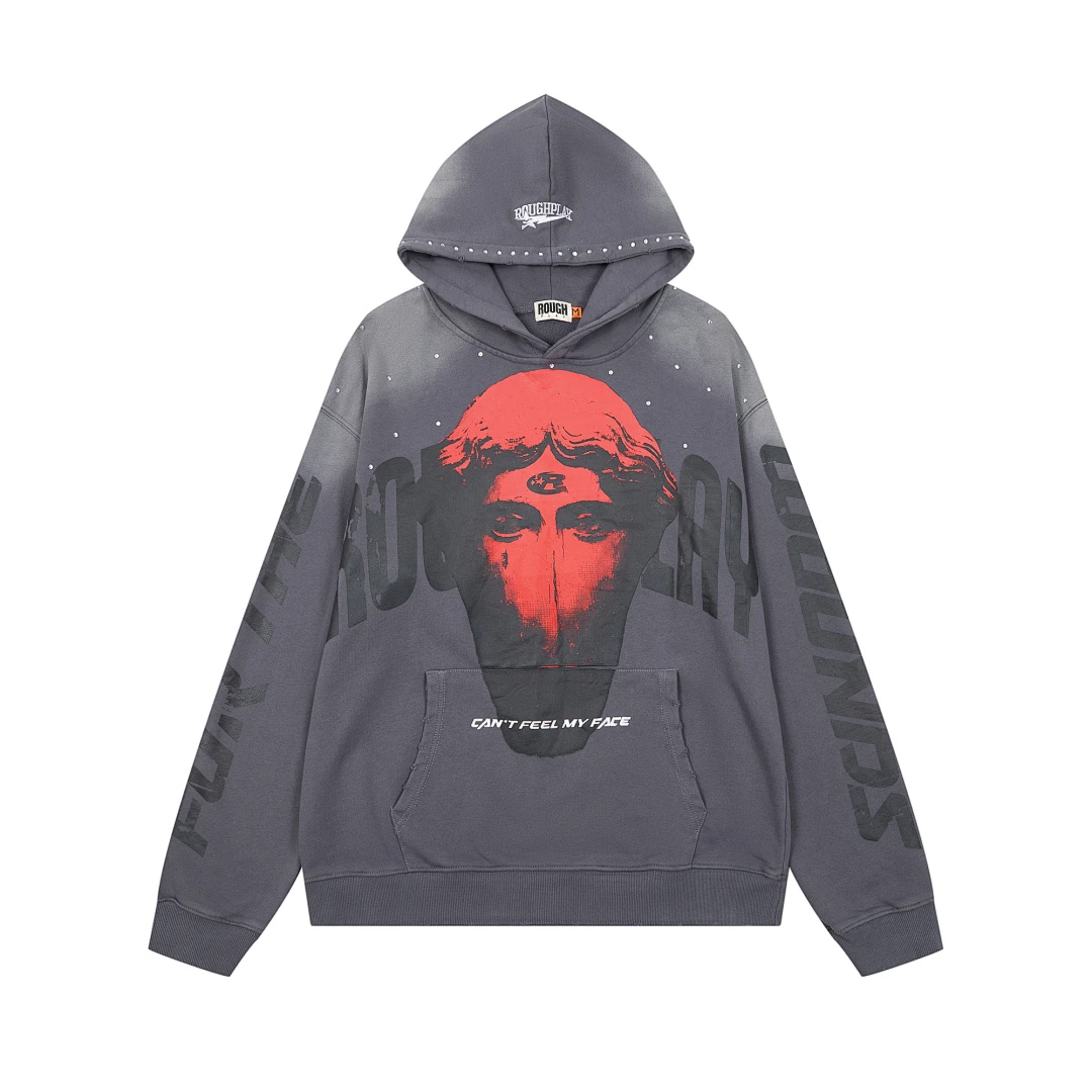 American Street‑Style Rhinestone  Washed Distressed Hoodie Oversized Unisex Vintage Casual Sweatshirt