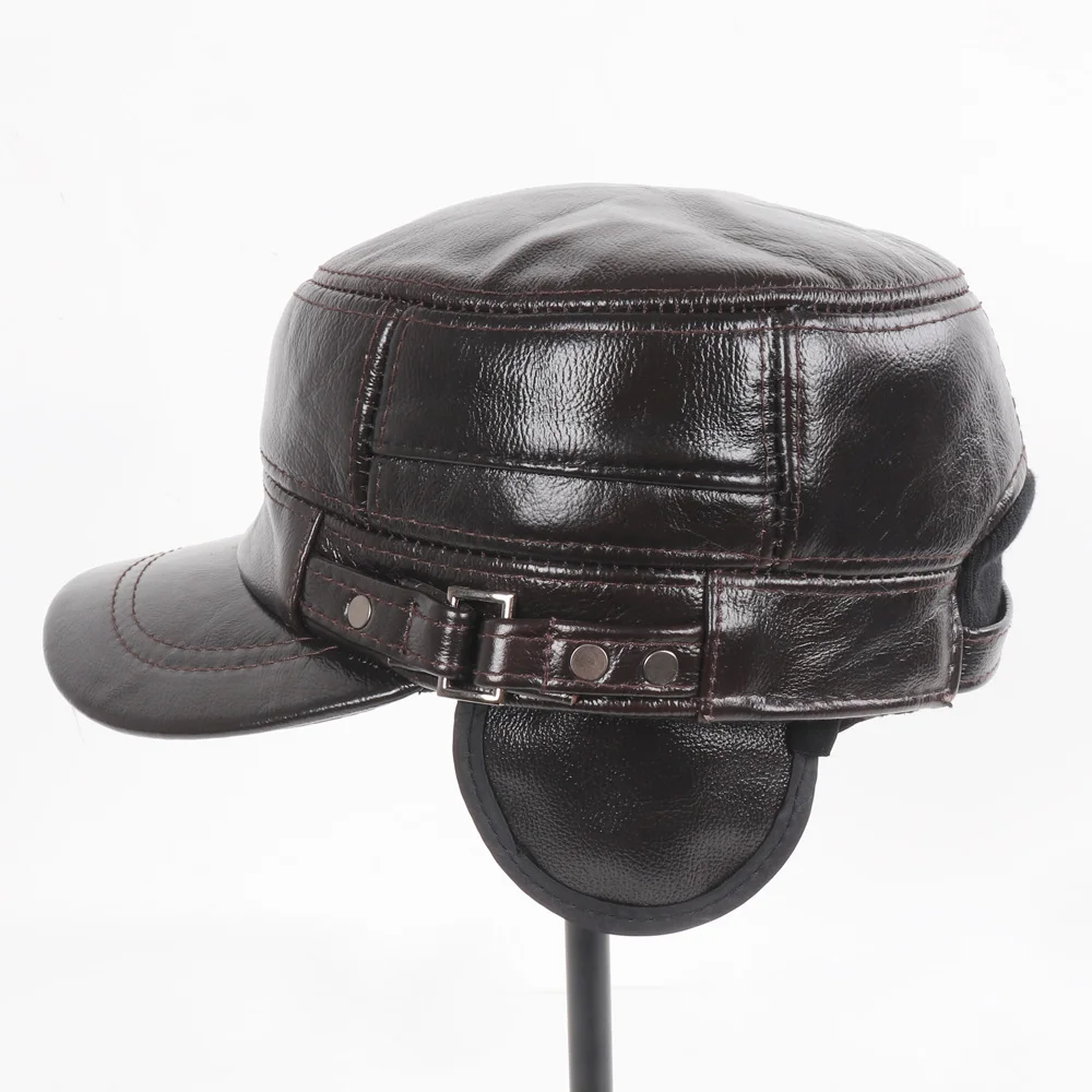 Male 100% Genuine Cowhide Lerther Hats Men Autumn And Winter Real Cowhide Lerther Hat Outdoor Keep Warm Natural Cow Leather Cap