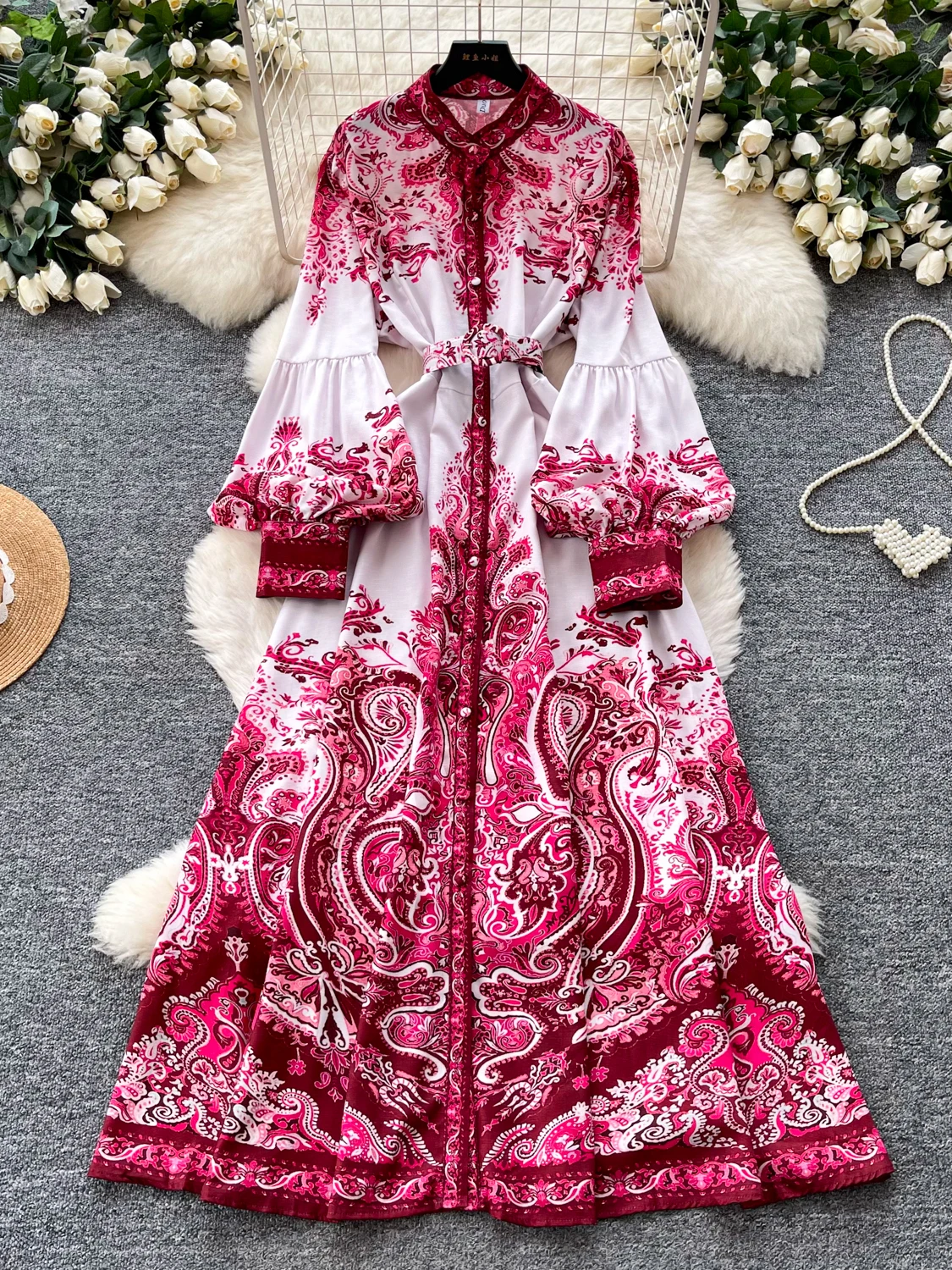 

Elegant Floral Print Long Sleeve Lantern Sleeve Dress Women's Spring Style Slimming A-Line Dress Retro Ethnic Style Dress