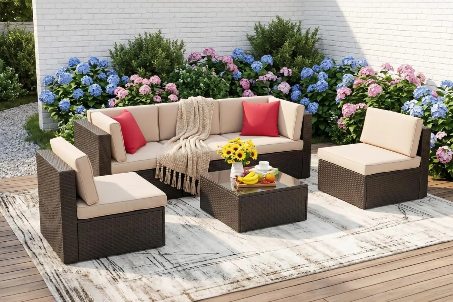 

6 Pieces Patio Furniture Set, Outdoor Sectional Patio Sofa Couch, PE Wicker Rattan Patio Set with Coffee Table for Garden, Backy