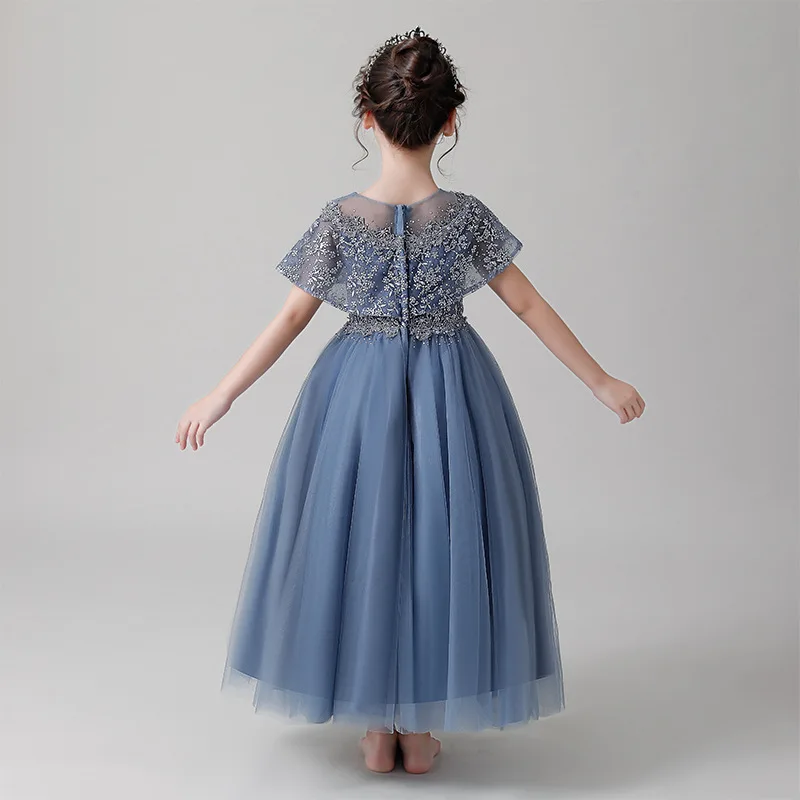 Children's Classical Tulle Flower Girl Dress Elegant Appliqued Beading Cloak Sleeves Mesh Collar Puff A-Line Performance Dress