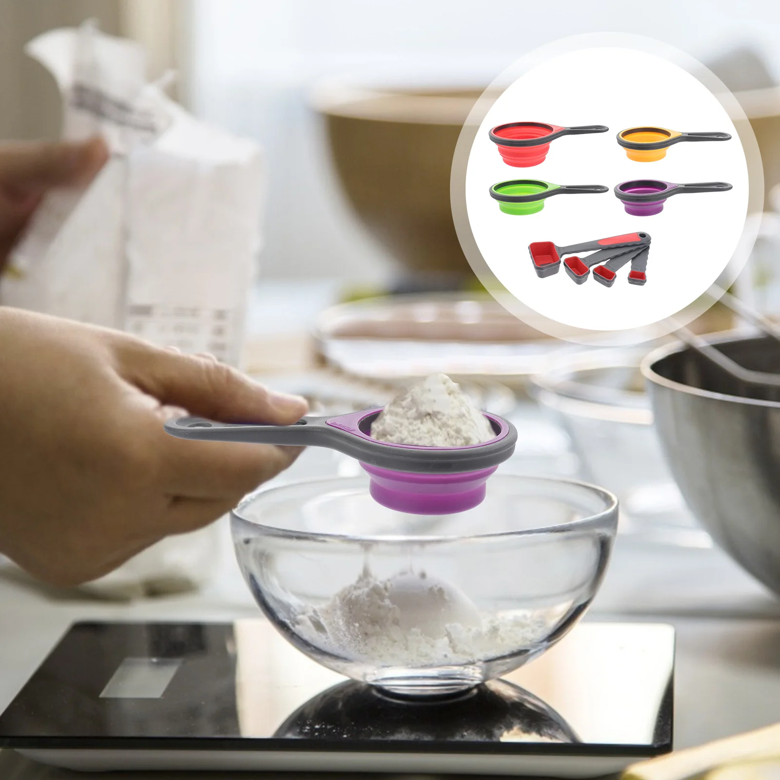 

4 in 1 Measuring Cup and Spoon Set Silicone Telescopic Colorful Kitchen Tool for Precise Liquid Dry Ingredient