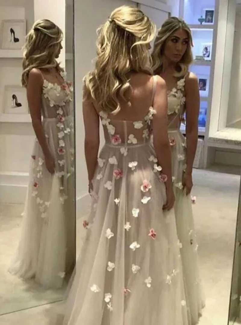 2024 Bloemen Lange Prom Dresses Spaghetti Tule Vrouwen Avondjurken Open Back Prinses Formele Jurk Robes De Soirée