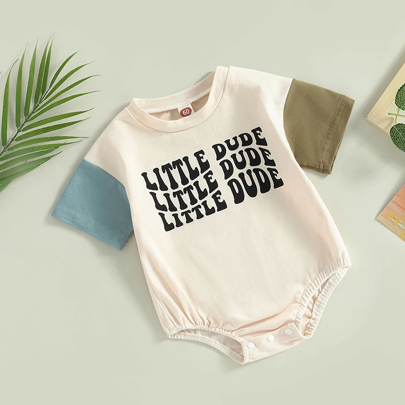 

Newborn Baby Boy Summer Romper Little Dude Contrast Color Short Sleeve Jumpsuit Bodysuit Casual Clothes Outfit