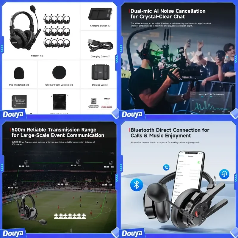 SYNCO Xtalk XMax 13 13-Person Use Wireless System 2.4G Communication Headset Noise Cancelling 3.5mm Headphone Plug