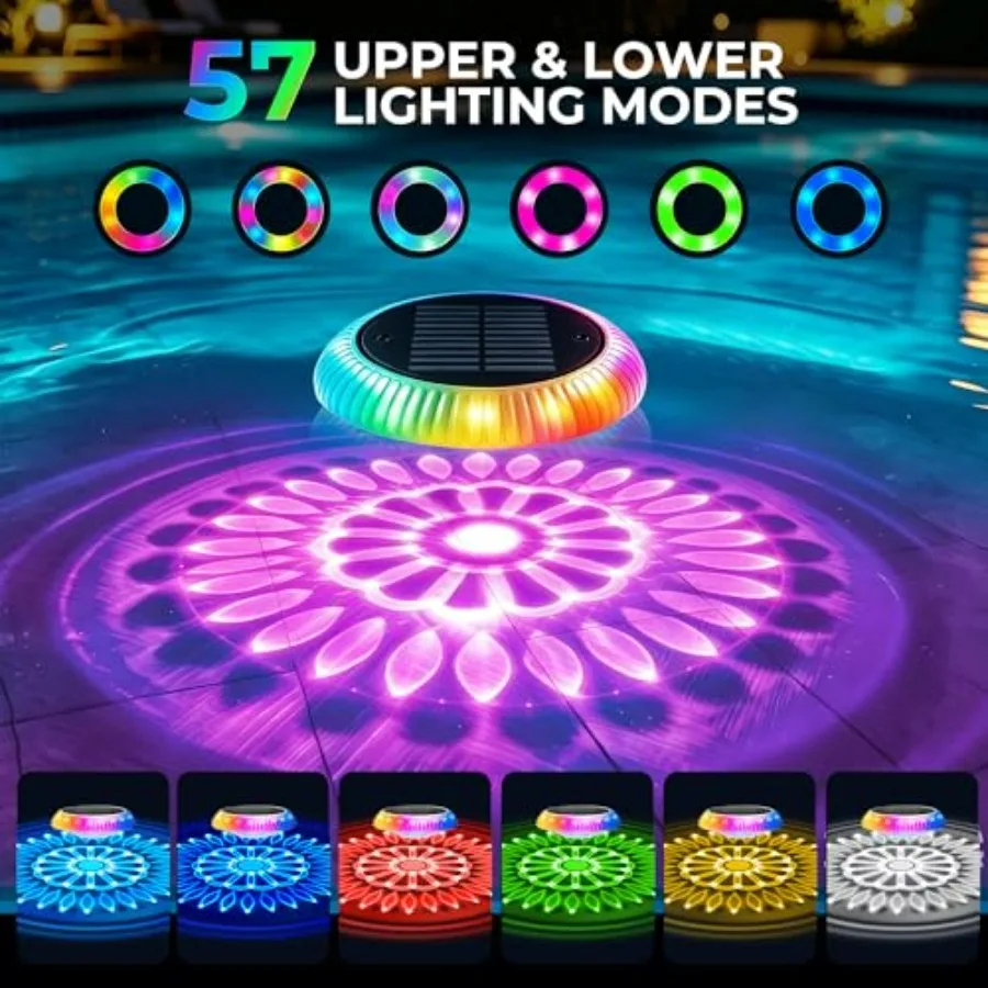 Solar Floating Pool Lights for above ground pools, bathtub party: 6.4 RGB upper/lower floating lights, IP67 waterproof, 57 mode