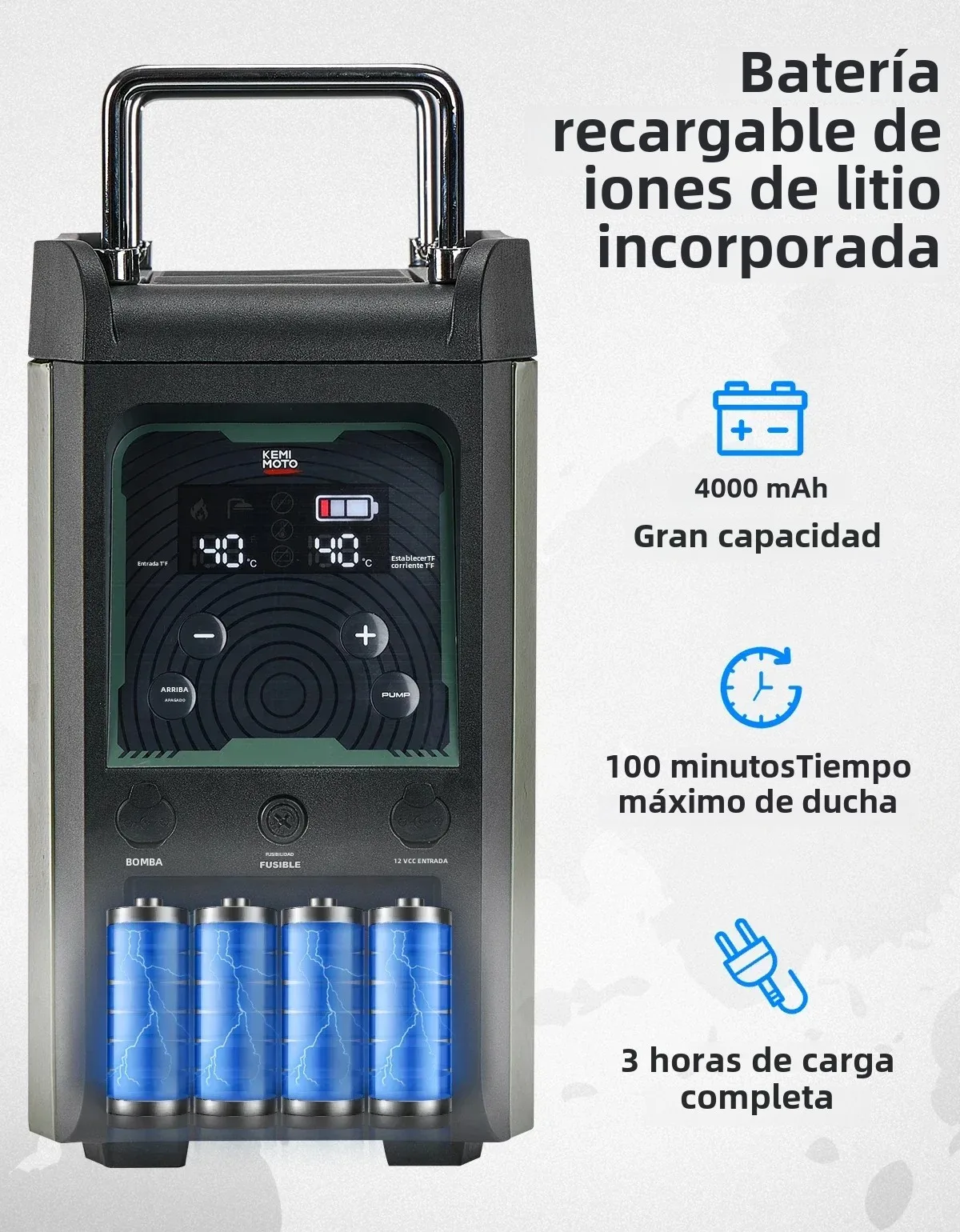 KEMIMOTO 휴대용 샤워 부탄 온수기, 펌프 포함, 20,500 BTU, 4000mAh 충전식 배터리 LCD, 야외 캠핑 사냥용