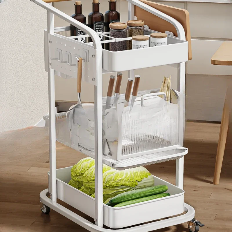 Kitchen multifunctional mobile cart storage shelf seasoning bowl hole board knife rack chopsticks cage