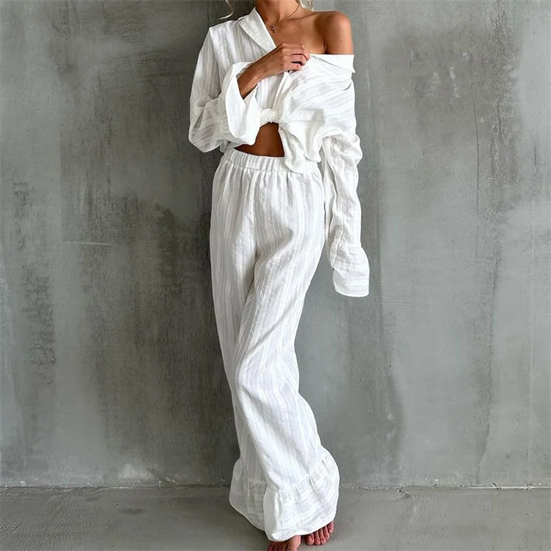 Europe Style Pijama Mujer New Solid Color Sleepwear Set Long Sleeve 100% Cotton Homewear Pajamas Suit Ruffle Pyjamas Women