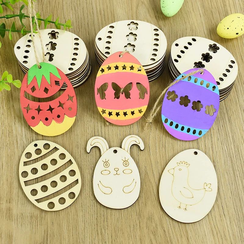 

10pcs Easter Bunny Egg Wooden Chips Pendant with Rope Rabbit Egg Unfinished Wood Slices Hanging Ornament Kids DIY Painting Craft