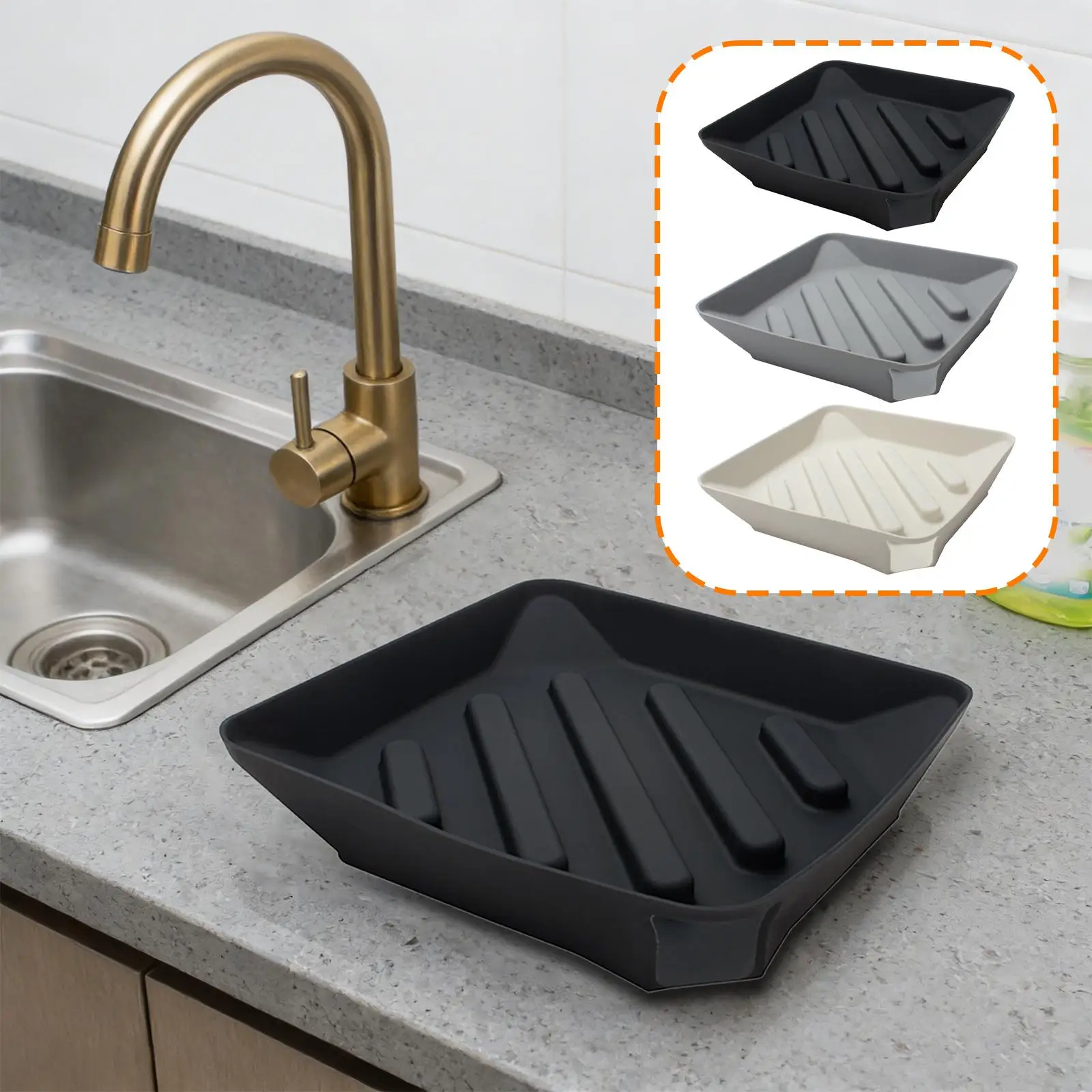 Space Saving Silicone Sponge and Soap Holder Draining Tray for Kitchen Bathroom Countertop Organizer