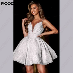 RODDRSYA Sparkly Short Wedding Dress V-Neck Spaghetti Straps Robe De Soirée Shiny Mini Lace Up Backless فستان حفلات الزفاف Bling