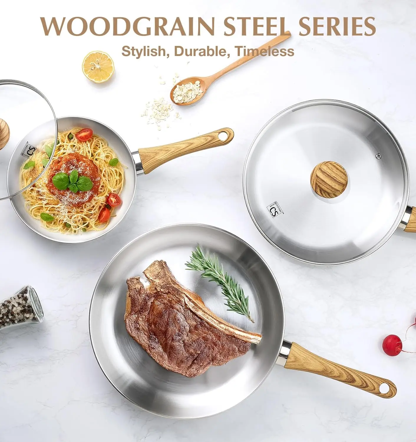 

KOCH SYSTEME CS Stainless Steel Frying Pan Set of 3, 8"&10"&12" Stainless Steel Pans Set with Heat-resistant Bakelite Handle