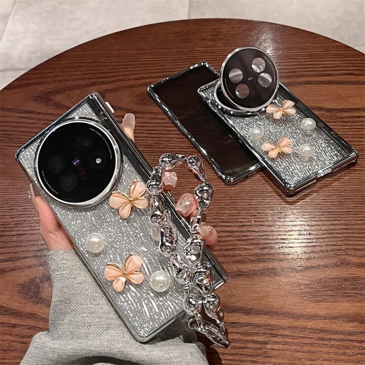 

Чехол для телефона Vivo X Fold5, новый женский держатель для линз с жемчугом и бабочкой, шарнирная пленка, браслет, складной защитный чехол для экрана