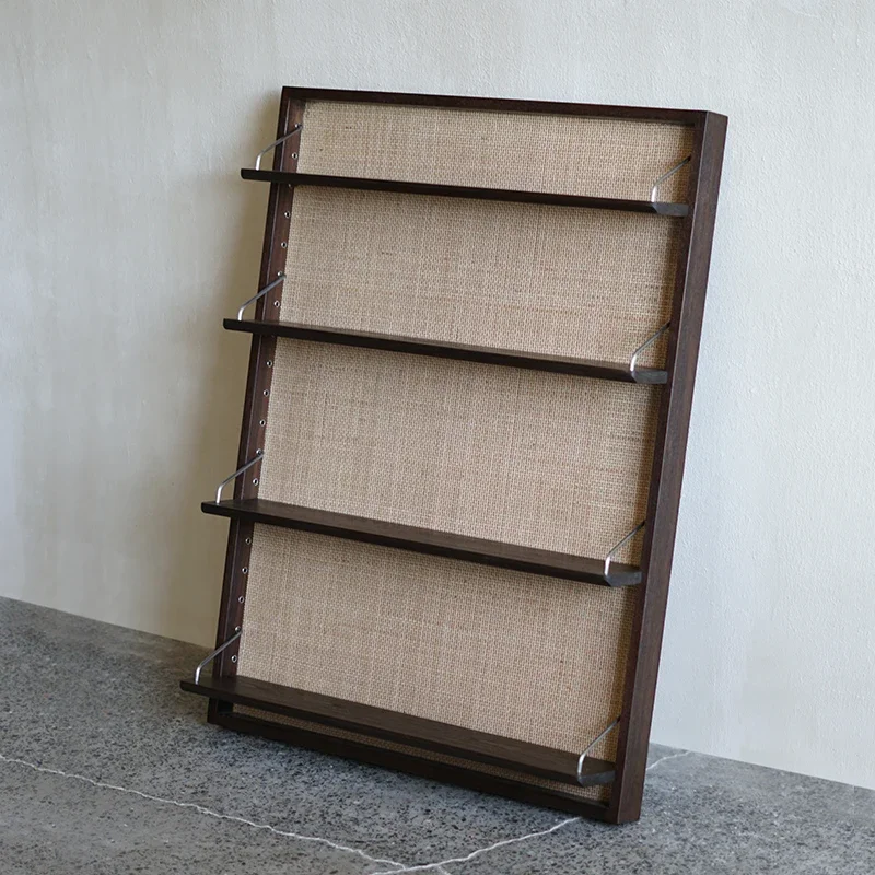 

Solid wood wall shelf bookshelf wabi wind living room wall hanging display rack rattan teak hanging
