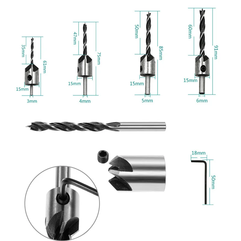 HSS 카운터싱크 드릴 비트 세트, 리머 목공 모따기 드릴, 카운터보어 플라이어트 홀 커터, 나사 홀 드릴, 3mm-6mm
