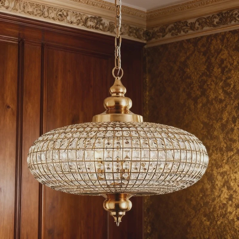 

French Vintage Copper LED Ceiling Chandelier Living Room Restaurant Bedroom Villa Pendant Lights Rotundity Crystal Hanging Lamps