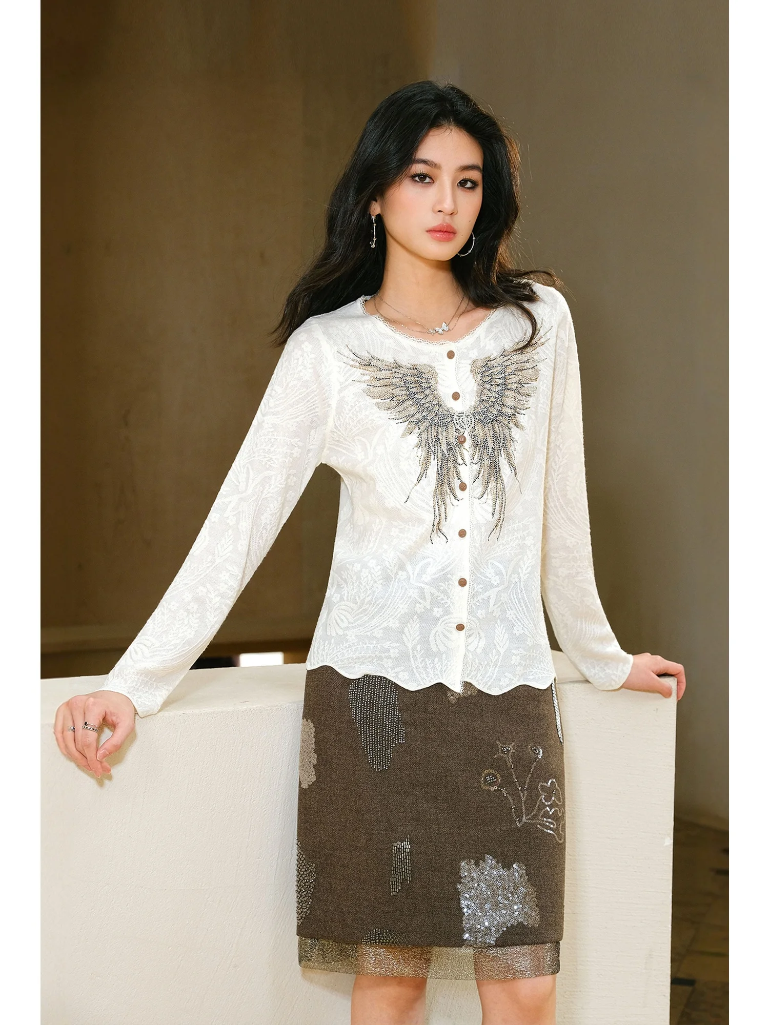 

MIUCO Retro High Waist Sequin Embellied f Skirt Transparent Me Gold Tead Wrap Body Mid-length A-line Skirt