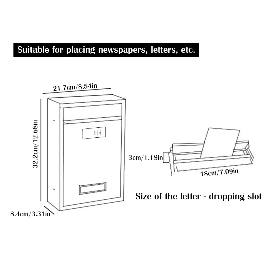 صندوق بريد حديث مثبت على الحائط، لوحة حديد معدنية مقاومة للمطر، صندوق بريد معلق بقفل بكلمة مرور بعد ساعات، مفتاح وإسقاط الرسالة