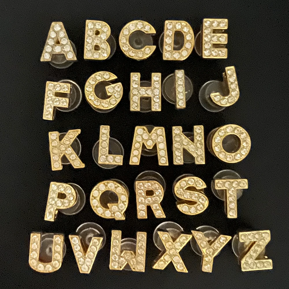 

A-Z Letter Metal Bling Rhinestone Shiny Golden Shoe Charms for Clogs Sandals Decoration Shoe Buckle for Girls Gifts