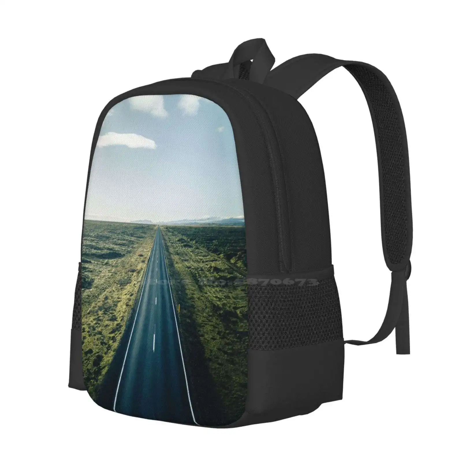 Road Ahead Large Capacity School Backpack Laptop Bags Aerial Car Clouds Cold Distance Drone Fall Green Iceland Landmark