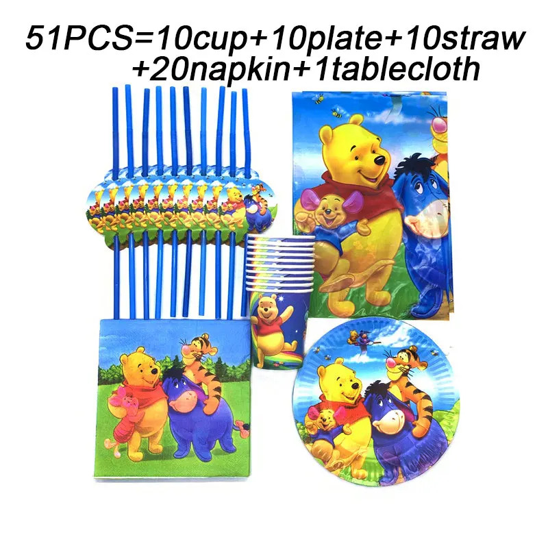 81Pcs Disney Winnie the Pooh Movies on Birthday Party Decor Supplies Cups Plates Straws Napkin Tablecloth Disposable Tableware