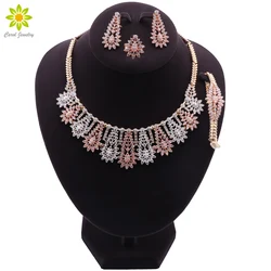 2024 New Fashion Indian Wedding Jewelry Flower Gold Color Necklace Bracelet Earrings Ring Jewelry Sets for Women Party Gift