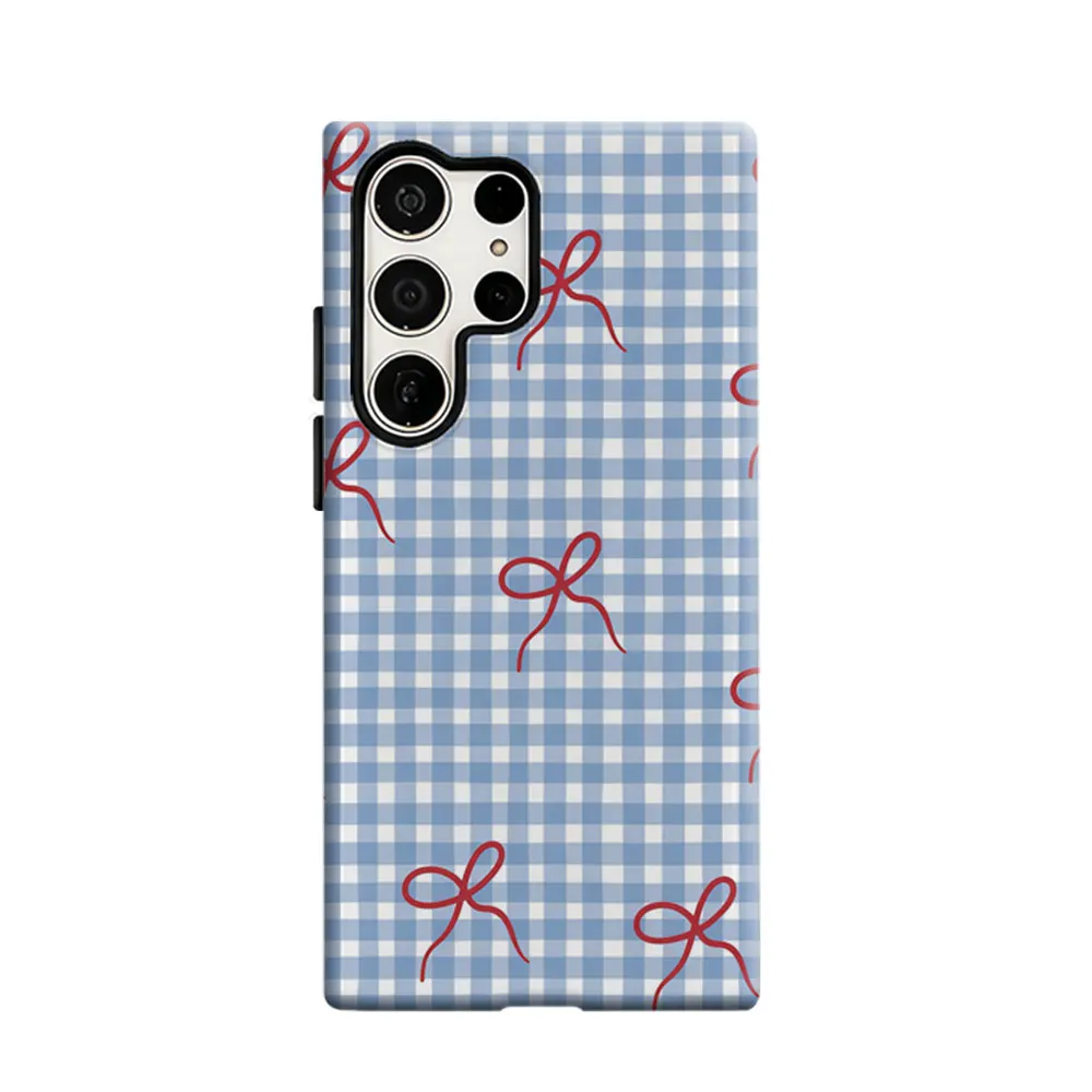 CaseLumi Phone Case For Samsung Galaxy S25 S24 S23 Ultra Plus HD Hard Blue Gingham with Red Bows Double Layer Cover Film Shell