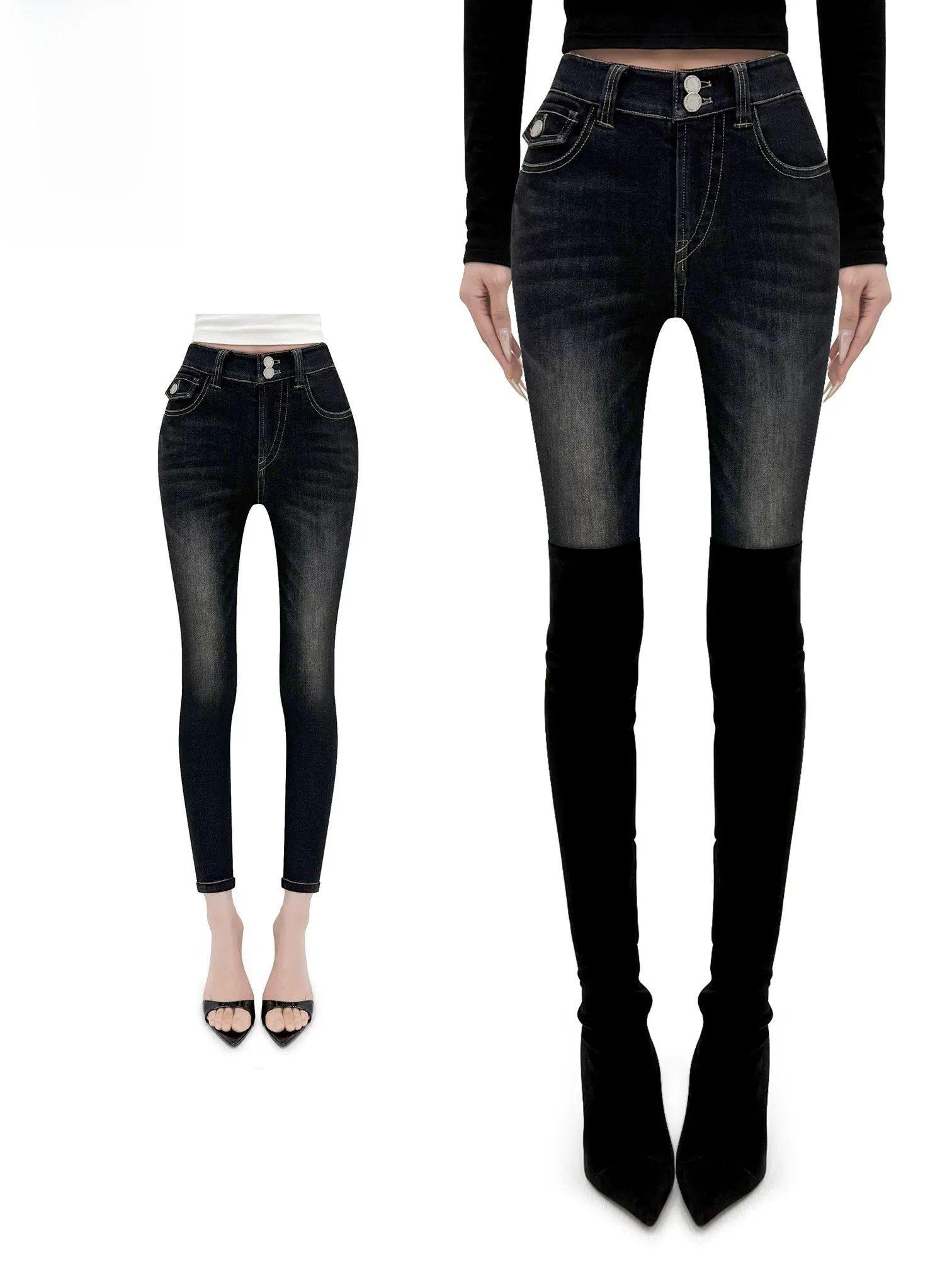 Jeans de mujer coreanos de corte ajustado y tiro bajo, versión de cintura alta, con realce de cadera y pierna recta pequeña, ideales para el día a día.