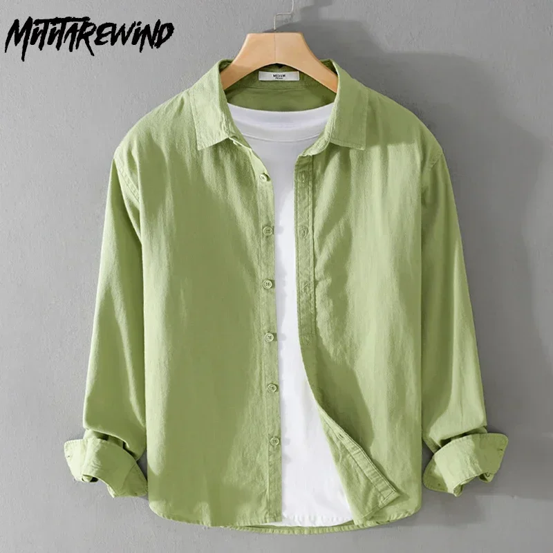 

100% Cotton Mens Long Sleeve Shirt Spring Summer Daily Casual Basic Shirt Korean Style Green Shirt Comfort Top Simple Man Shirts