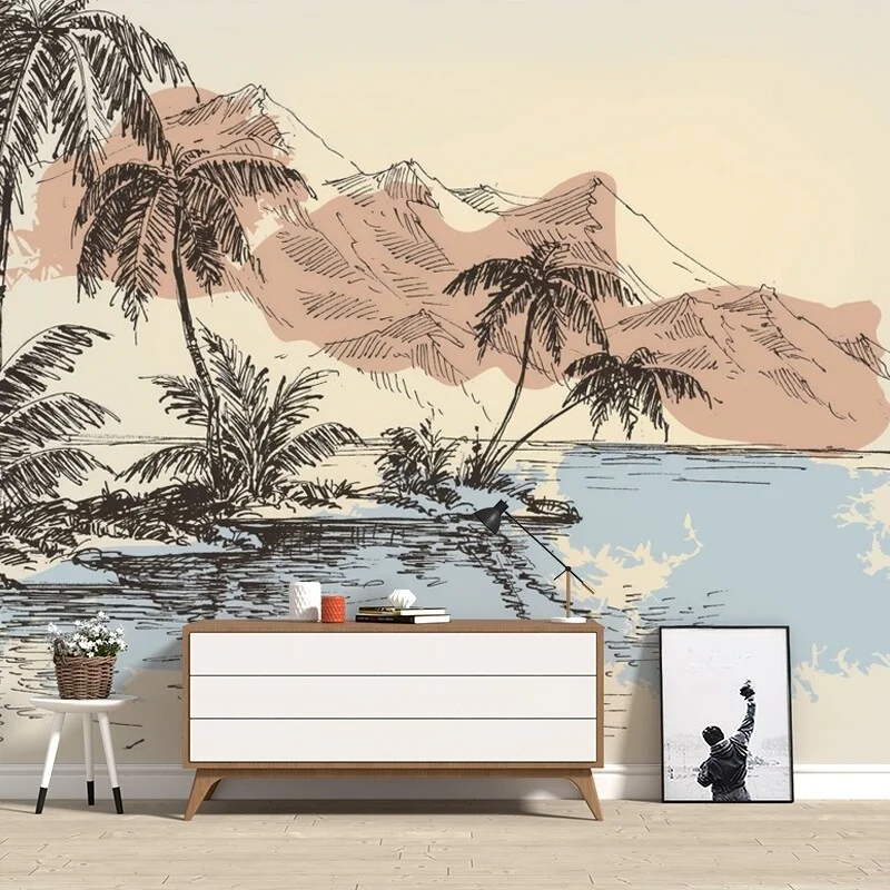 Custom Wallpaper Sketch Tropical Coconut Tree Mountain Landscape Wall Mural Vintage Scenery Wall Paper Living Room Background