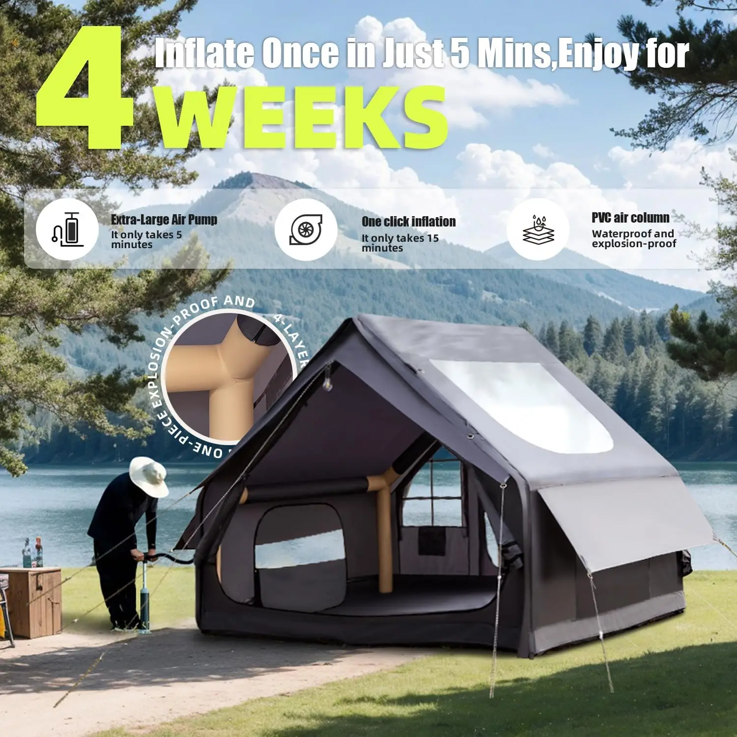 خيمة هوائية كبيرة من STLFL تتسع لـ 4-5 أشخاص، خيمة على شكل قبة، خيمة عائلية قابلة للنفخ بلمسة واحدة