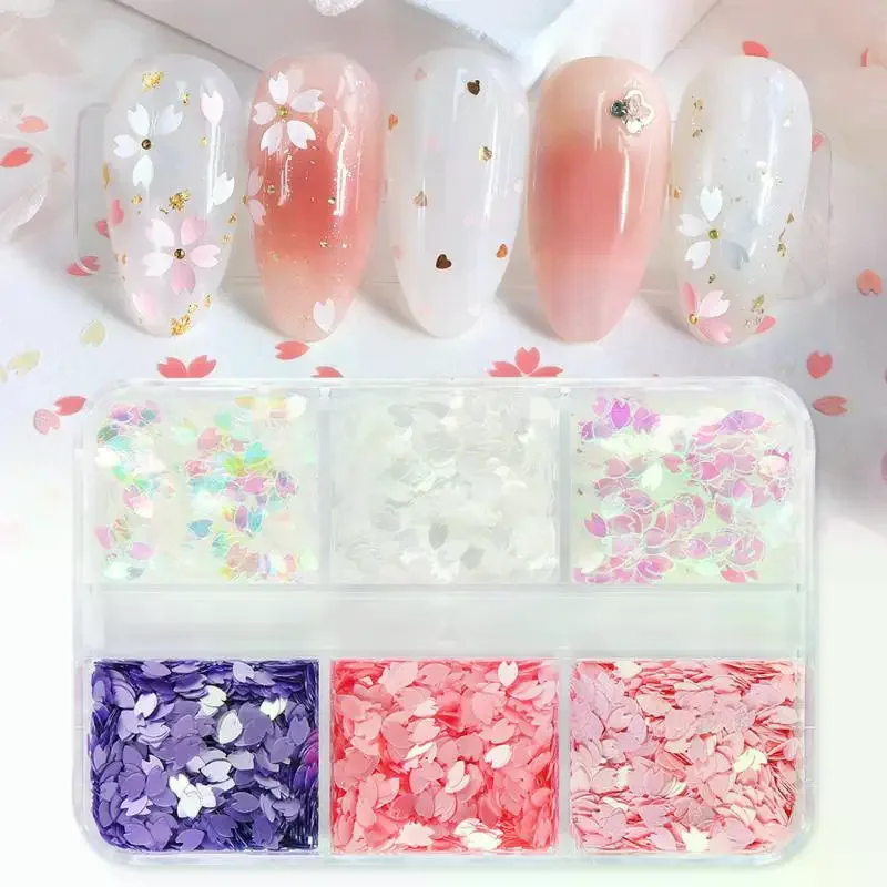 6 griglie brillanti petalo di fiore chip paillettes per unghie fiori di ciliegio adesivi glitter decorazioni olografiche primaverili fiocchi decorazioni colorate